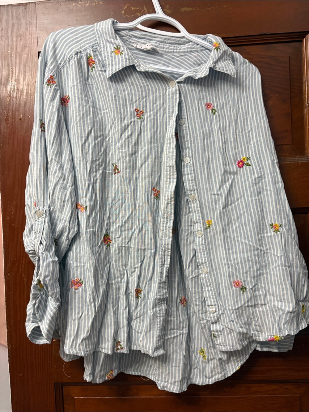 Light Blue Striped Button-Down Shirt with Floral Embroidery